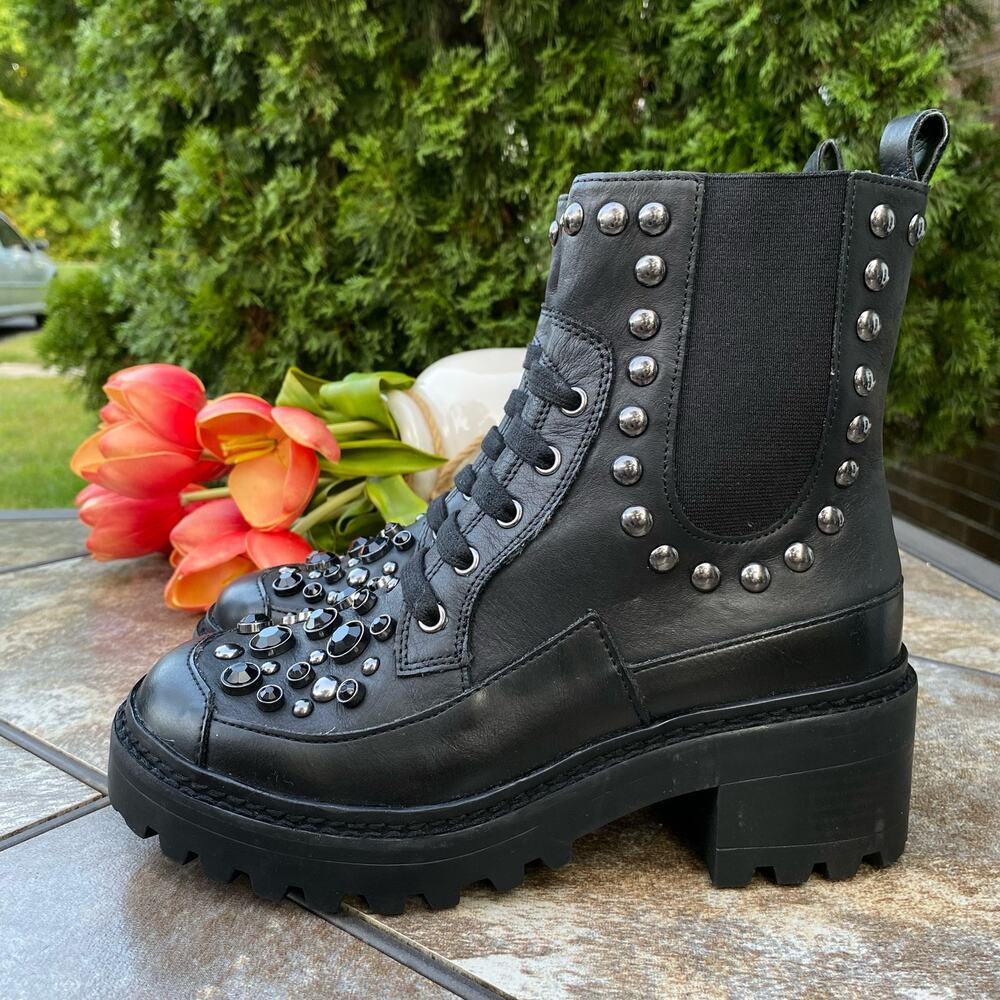 New KARL LAGERFELD PARIS Black Breck Studded Leather Moto Combat Boot Size 6